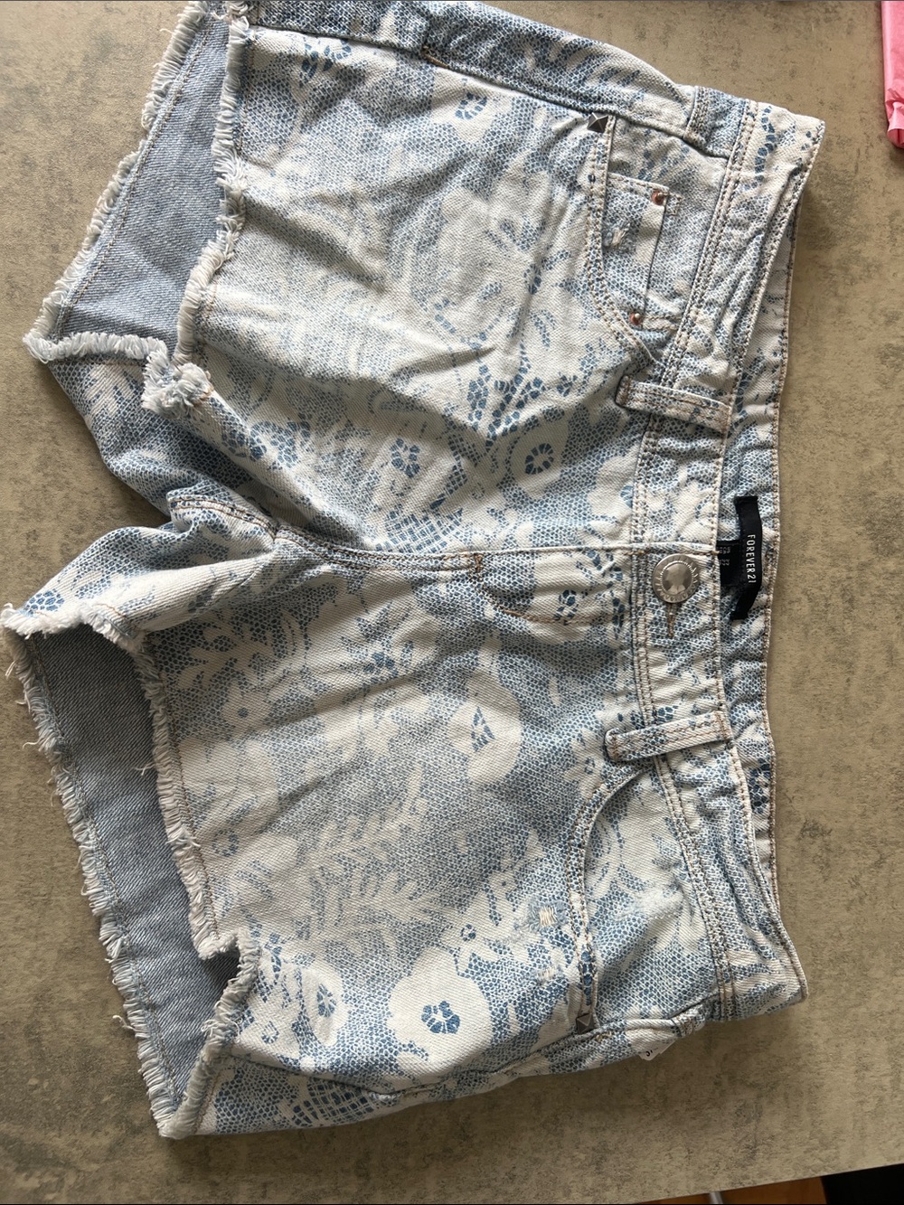 Forever 21 Blue and White Floral Print Denim Shorts
